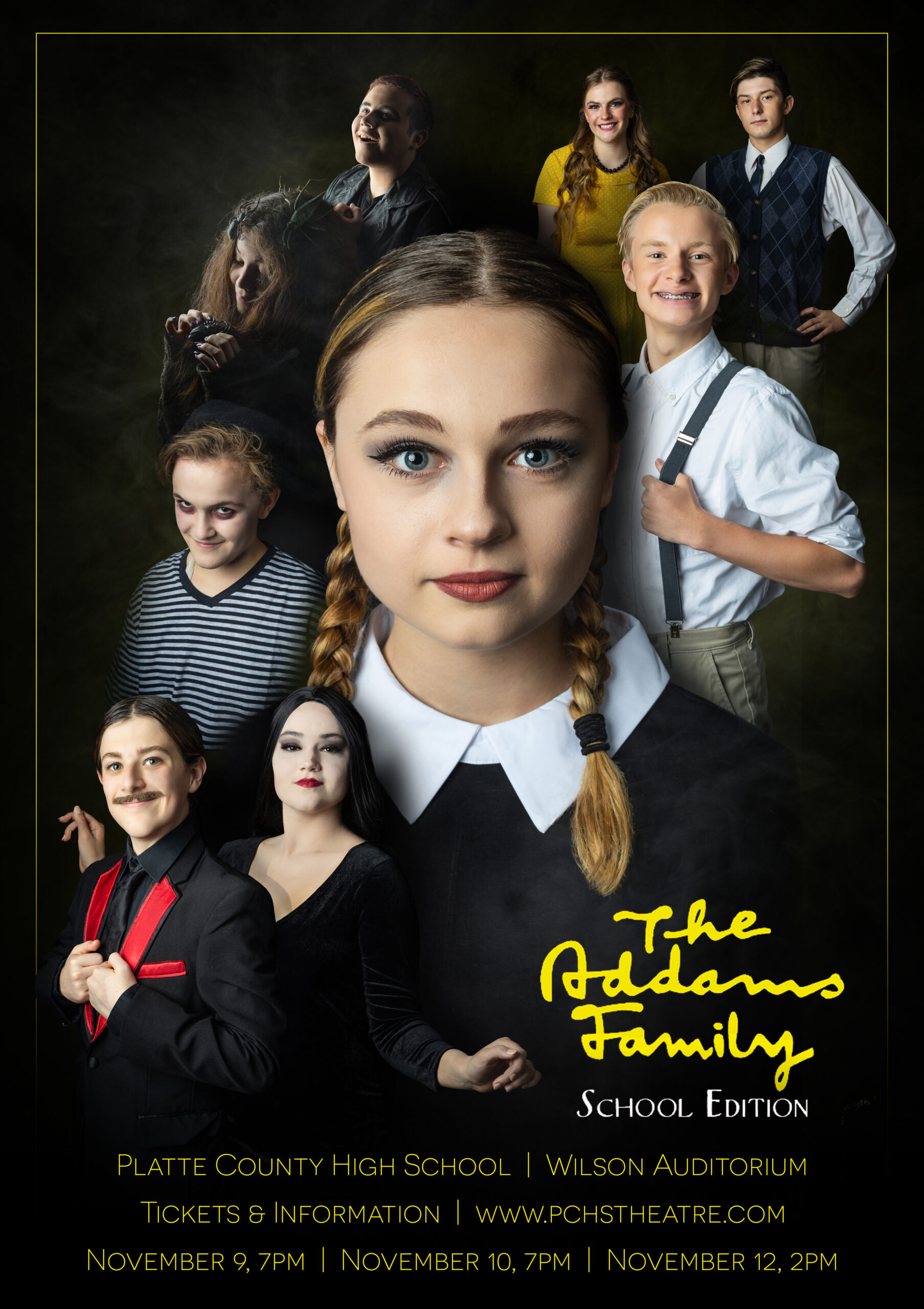 Platte County High School Theatre Promo Art, Senior Portrait Photography, Kansas City, Theatre Portraits, The Addams Family School Edition