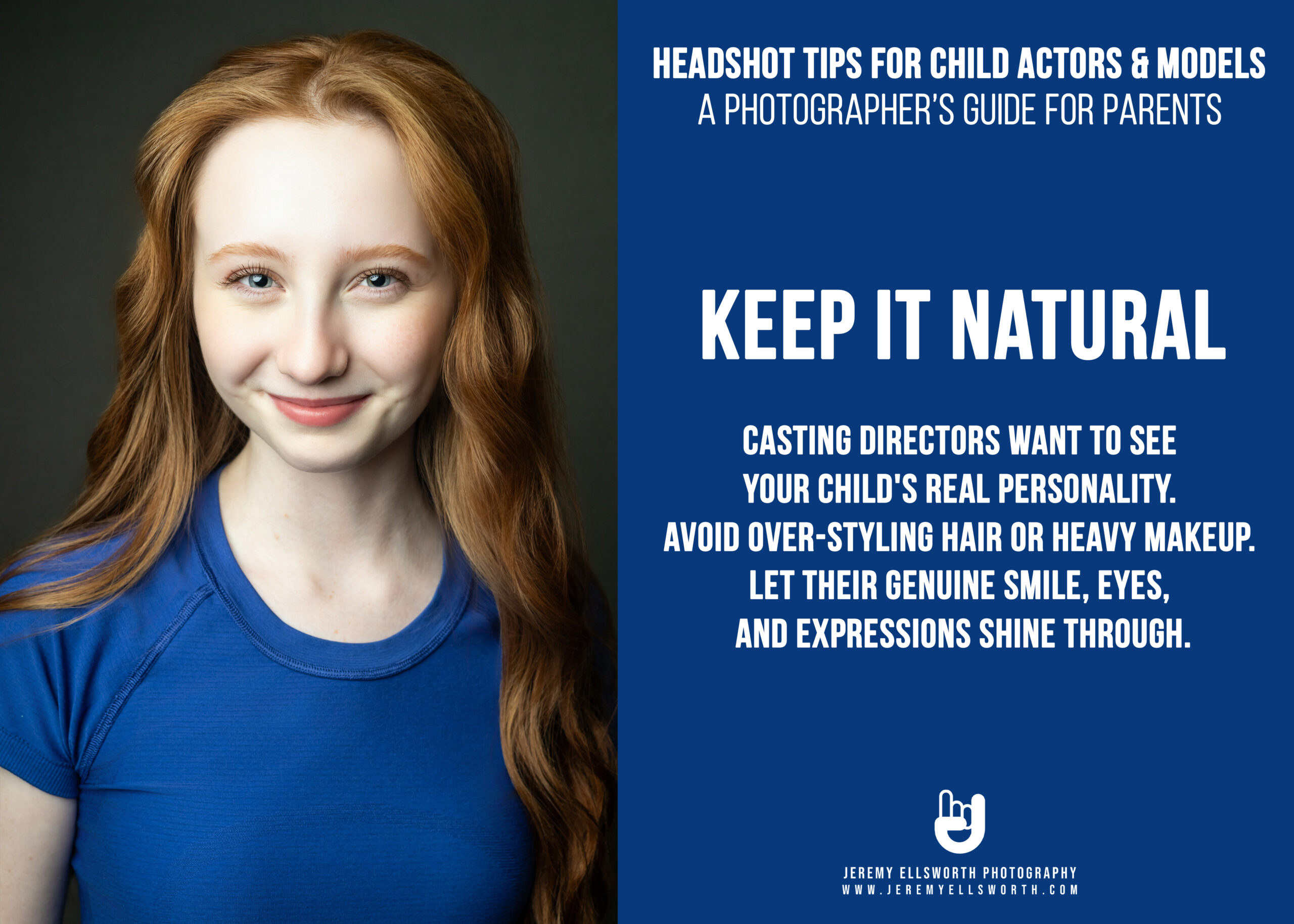 Natural Kansas City children's headshot photography of a smiling young girl with long reddish-brown hair in a blue shirt, illustrating the "Keep It Natural" tip for child actor and model headshots.