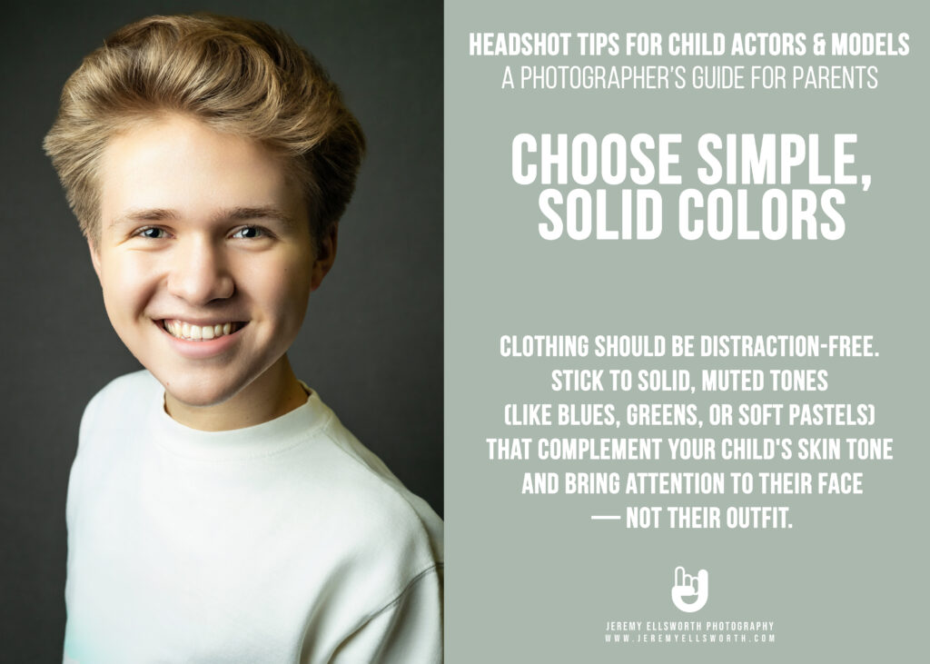 A smiling young boy with blonde hair in a white t-shirt, demonstrating the "Choose Simple, Solid Colors" tip for child actor and model headshots.
