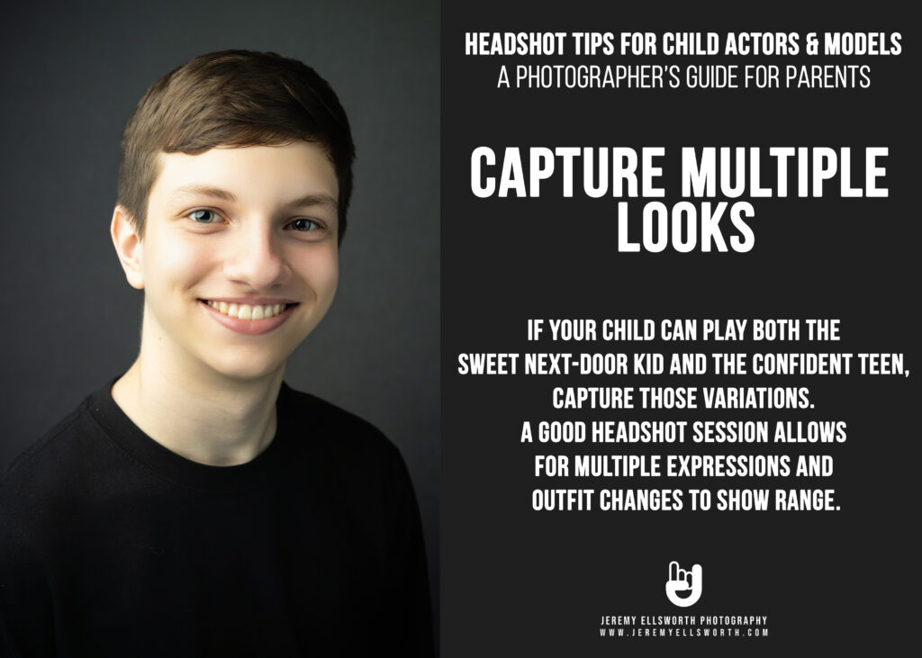 Kansas City children's headshot photography showcasing a smiling young boy with brown hair in a black t-shirt, emphasizing the "Capture Multiple Looks" tip for diverse child actor and model headshots.