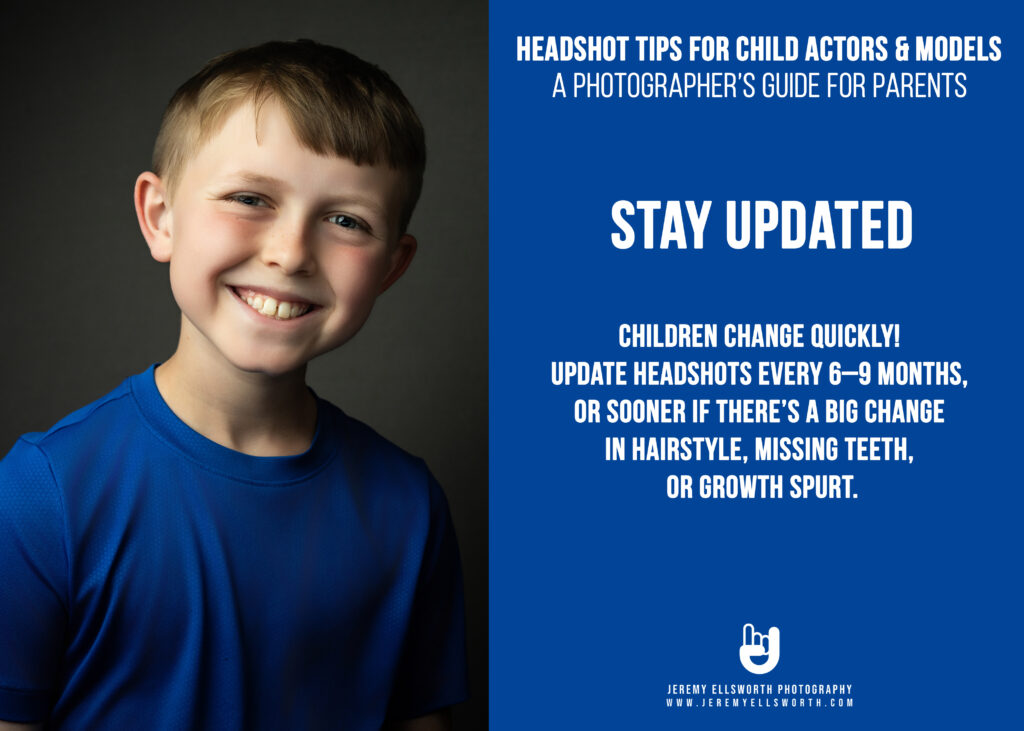 Kansas City children's headshot photography of a smiling young boy in a blue t-shirt with a smile, illustrating the "Stay Updated" tip for child actor and model headshots as children grow.